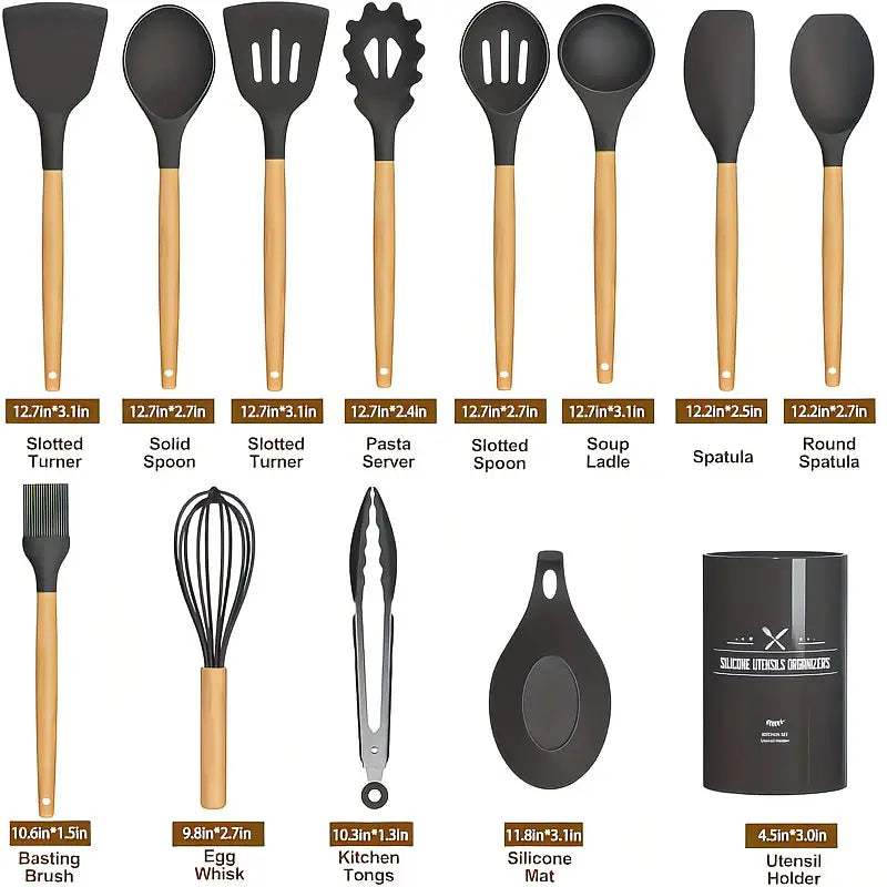14pcs Silicone Utensil Set with Wooden Handles & Storage Buckets