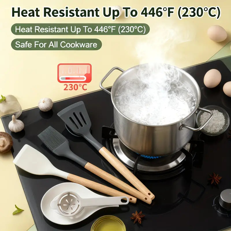 14pcs Silicone Utensil Set with Wooden Handles & Storage Buckets