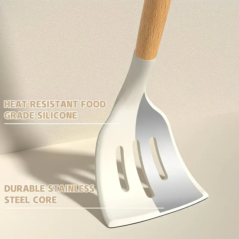 14pcs Silicone Utensil Set with Wooden Handles & Storage Buckets