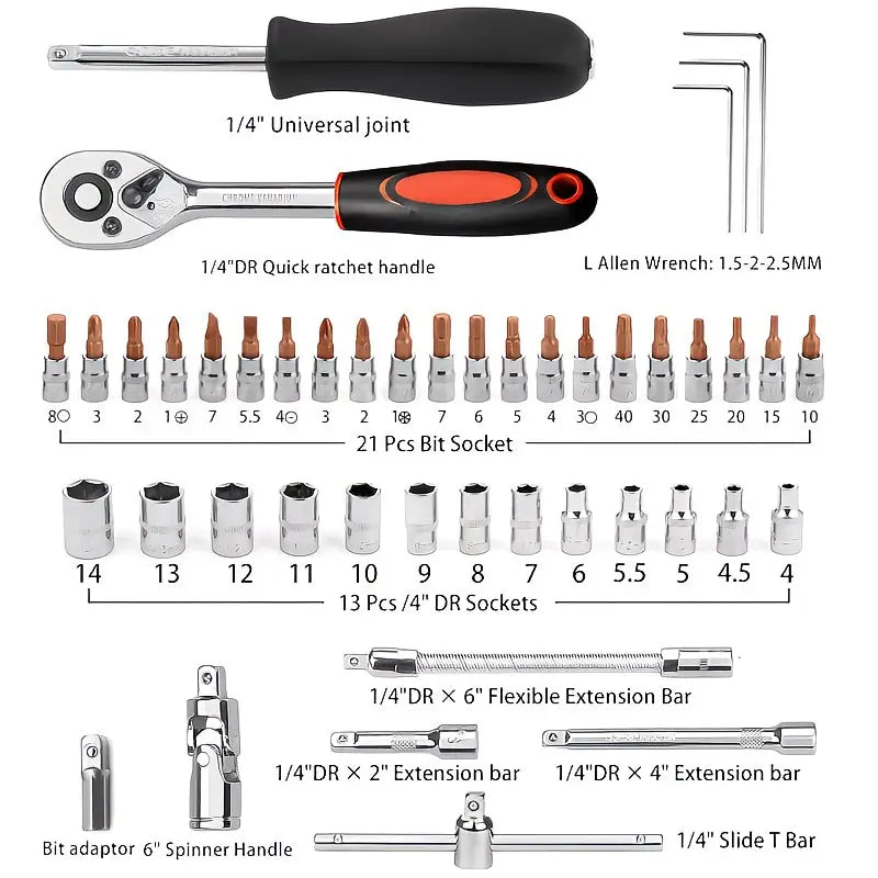 46pcs 1/4 Inches Ratchet Socket Wrench Set, Metric Socket Ratchet Wrenches Set
