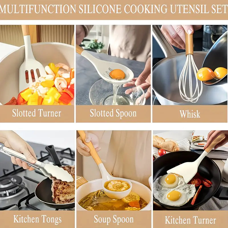 14pcs Silicone Utensil Set with Wooden Handles & Storage Buckets